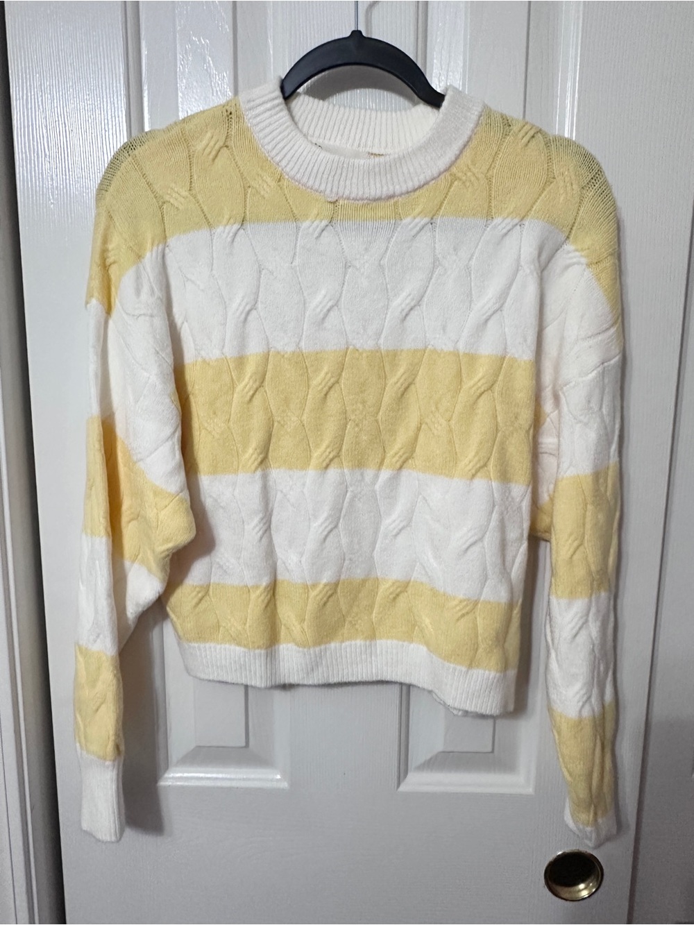 No Boundaries Cream & Yellow Striped Cable-Knit Crew Sweater